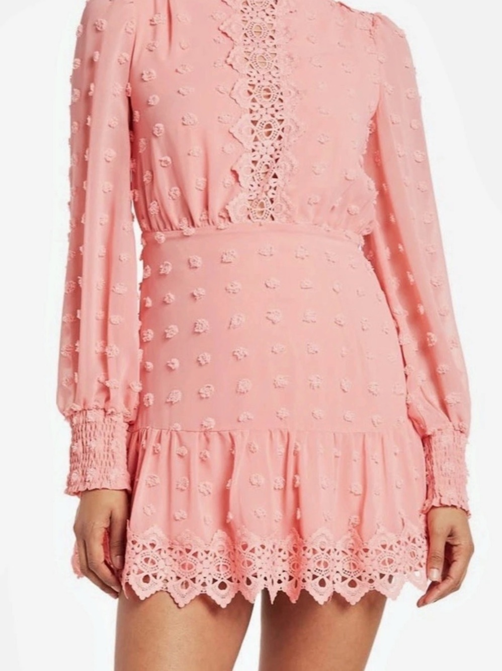 By Design Rina Long Sleeve Crochet-Trim Swiss Dot Dress